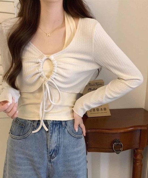 NANEA(ナネア)の「クロップド丈 フロントシャーリングトップス(ニット/セーター・レディース・グリーン/グレー/ホワイト・フリー)」の6枚目の写真