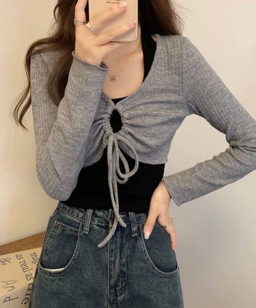 NANEA(ナネア)の「クロップド丈 フロントシャーリングトップス(ニット/セーター・レディース・グリーン/グレー/ホワイト・フリー)」の15枚目の写真