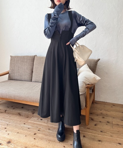 ハイウエストジャンパースカート 147_ichi_yon_nana】ハイウエストⅤジャンパースカート｜低身長