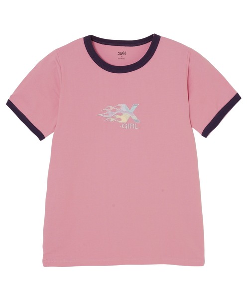 X-girl（エックスガール）の「BURNING X LOGO S/S RINGER BABY TEE（Tシャツ/カットソー・レディース・ブラック/ホワイト/ピンク・S/M）」の3枚目の写真
