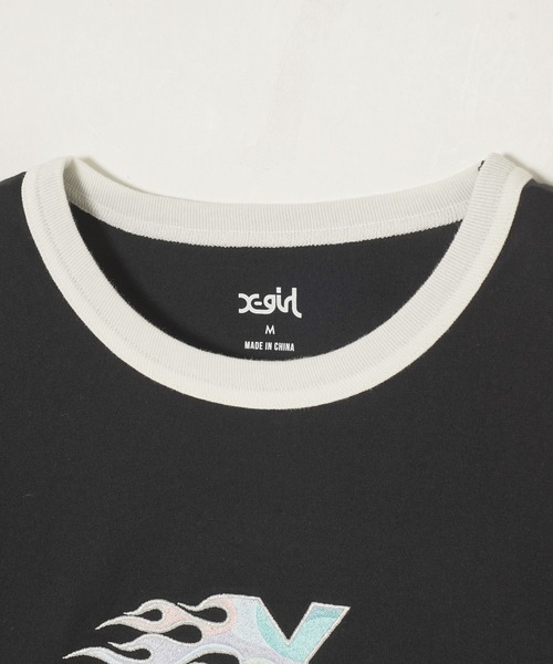 X-girl（エックスガール）の「BURNING X LOGO S/S RINGER BABY TEE（Tシャツ/カットソー・レディース・ブラック/ホワイト/ピンク・S/M）」の5枚目の写真