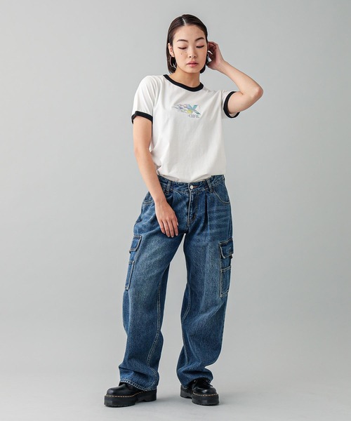 X-girl（エックスガール）の「BURNING X LOGO S/S RINGER BABY TEE（Tシャツ/カットソー・レディース・ブラック/ホワイト/ピンク・S/M）」の15枚目の写真