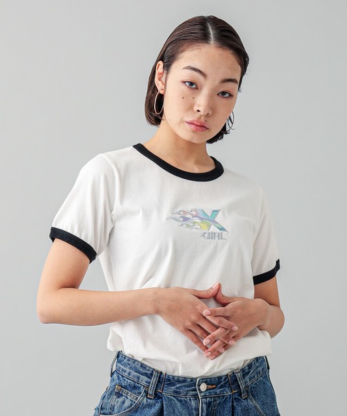 X-girl（エックスガール）の「BURNING X LOGO S/S RINGER BABY TEE（Tシャツ/カットソー・レディース・ブラック/ホワイト/ピンク・S/M）」の11枚目の写真