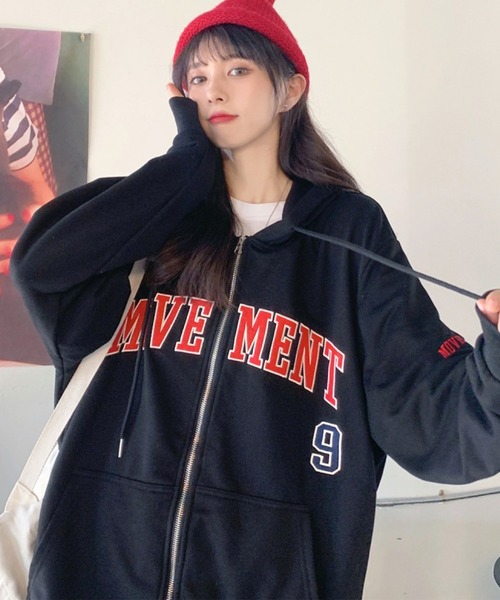 SHEPP（シープ）の「オーバーサイズ フロントロゴナンバリング ジップアップパーカー（パーカー・レディース・ブラック/アイボリー/グリーン/グレー・L/XL）」の10枚目の写真