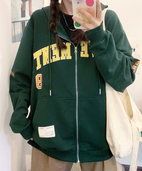SHEPP（シープ）の「オーバーサイズ フロントロゴナンバリング ジップアップパーカー（パーカー・レディース・ブラック/アイボリー/グリーン/グレー・L/XL）」の11枚目の写真