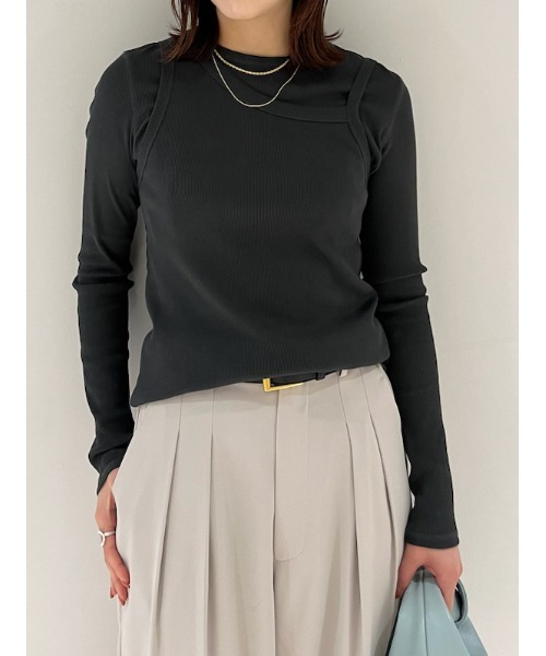 Mila Owen（ミラオーウェン）の「テレコロンTキャミレイヤードトップス【手洗い可能】（Tシャツ/カットソー・レディース・イエロー/ホワイト/チャコールグレー・0/1）」の2枚目の写真