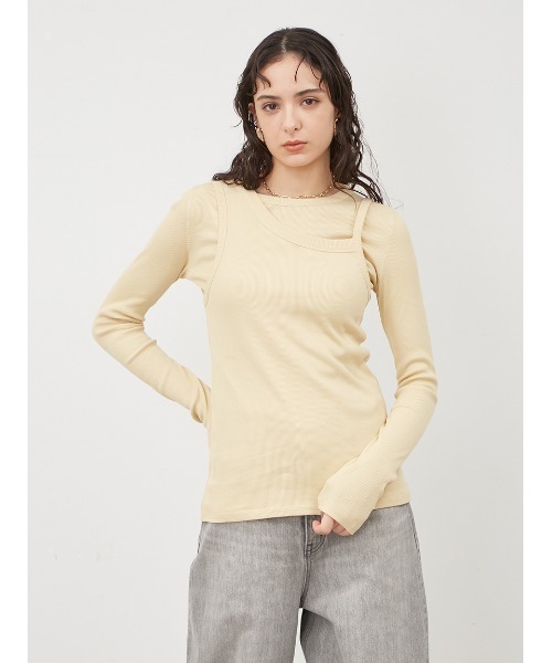 Mila Owen（ミラオーウェン）の「テレコロンTキャミレイヤードトップス【手洗い可能】（Tシャツ/カットソー・レディース・イエロー/ホワイト/チャコールグレー・0/1）」の4枚目の写真