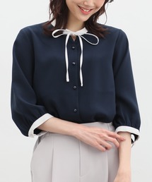 7分袖配色リボンブラウス
