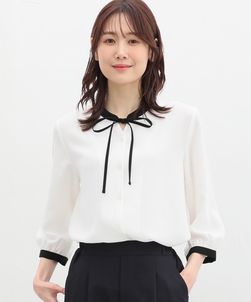 Honeys(ハニーズ)の「7分袖配色リボンブラウス(シャツ/ブラウス・レディース・ネイビー/ミント/アイボリー/ピンク系その他/グレイッシュベージュ/ホワイト×グレー・S/M/L/LL/3L)」の9枚目の写真