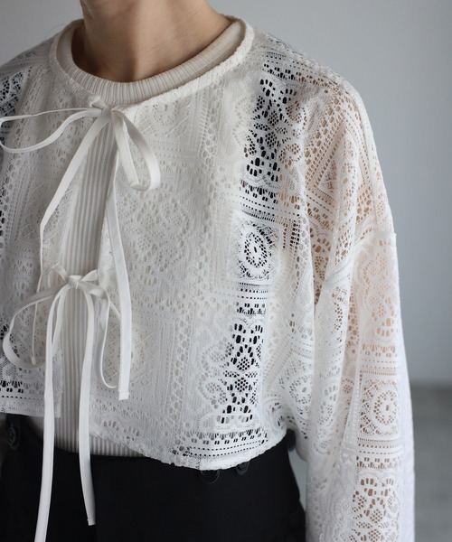 ブロックレースクロップドカーディガン（カーディガン/ボレロ）｜r