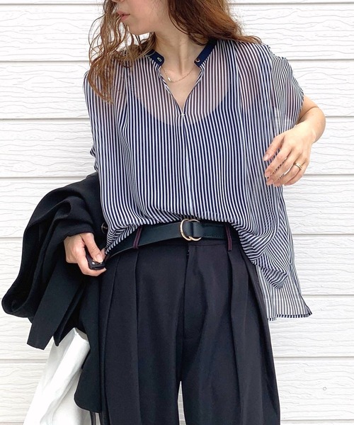 Q（キュー）の「シアーストライプスキッパーブラウス（シャツ/ブラウス・レディース・ブラック系その他/オレンジ系/ネイビー系・MEDIUM）」の2枚目の写真