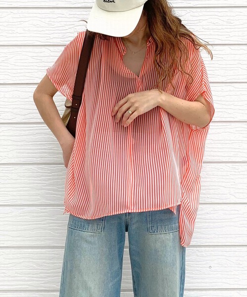 Q（キュー）の「シアーストライプスキッパーブラウス（シャツ/ブラウス・レディース・ブラック系その他/オレンジ系/ネイビー系・MEDIUM）」の3枚目の写真