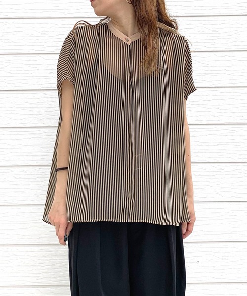 Q（キュー）の「シアーストライプスキッパーブラウス（シャツ/ブラウス・レディース・ブラック系その他/オレンジ系/ネイビー系・MEDIUM）」の4枚目の写真