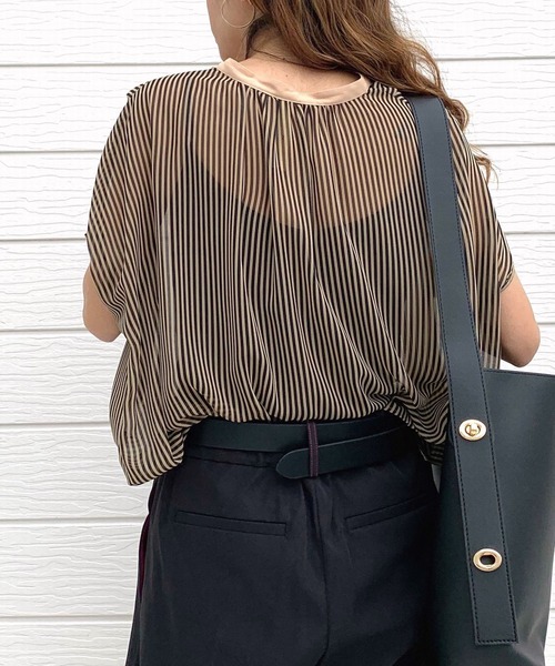 Q（キュー）の「シアーストライプスキッパーブラウス（シャツ/ブラウス・レディース・ブラック系その他/オレンジ系/ネイビー系・MEDIUM）」の11枚目の写真