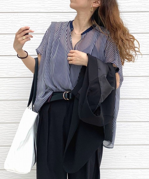 Q（キュー）の「シアーストライプスキッパーブラウス（シャツ/ブラウス・レディース・ブラック系その他/オレンジ系/ネイビー系・MEDIUM）」の13枚目の写真