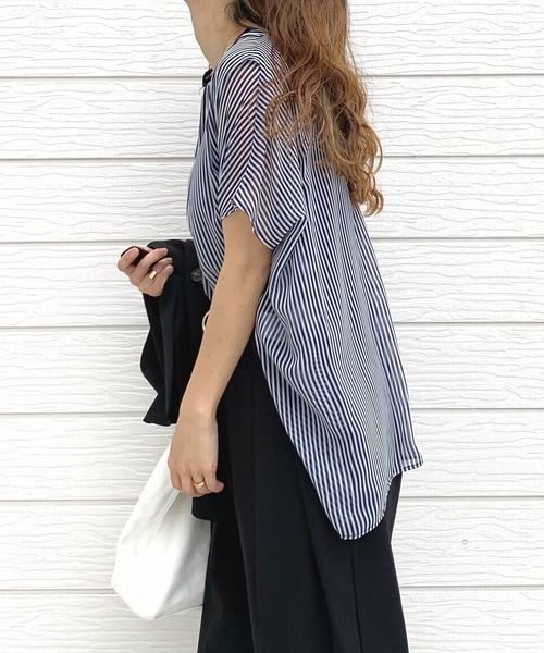 Q（キュー）の「シアーストライプスキッパーブラウス（シャツ/ブラウス・レディース・ブラック系その他/オレンジ系/ネイビー系・MEDIUM）」の16枚目の写真