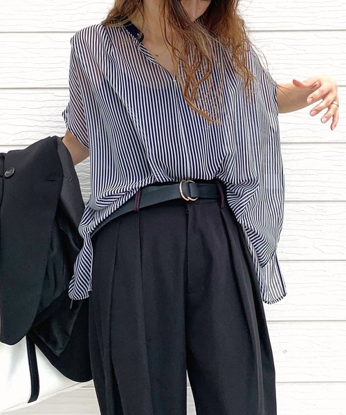 Q（キュー）の「シアーストライプスキッパーブラウス（シャツ/ブラウス・レディース・ブラック系その他/オレンジ系/ネイビー系・MEDIUM）」の14枚目の写真