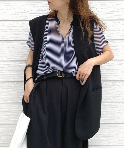 Q（キュー）の「シアーストライプスキッパーブラウス（シャツ/ブラウス・レディース・ブラック系その他/オレンジ系/ネイビー系・MEDIUM）」の15枚目の写真