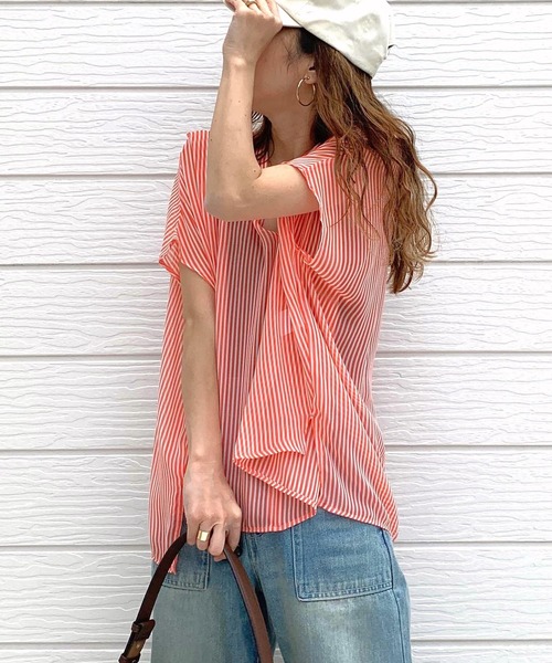 Q（キュー）の「シアーストライプスキッパーブラウス（シャツ/ブラウス・レディース・ブラック系その他/オレンジ系/ネイビー系・MEDIUM）」の8枚目の写真