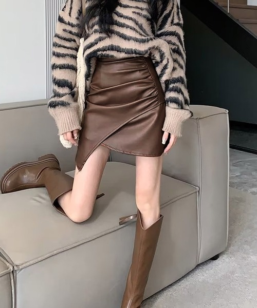 DT MaxMara ★ フェイクレザー ミニ スカート XCRESTA2 ブラウン Aライン ハイウエスト フェイクレザー ミニスカート