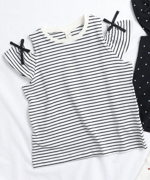 apres les cours(アプレレクール)の「【WEB限定】ドット・ハート・ボーダー オフショルTシャツ(Tシャツ/カットソー・キッズ・ピンク/オフホワイト/アイボリー/ブラック・130/120/140/110/100/90/80)」の1枚目の写真