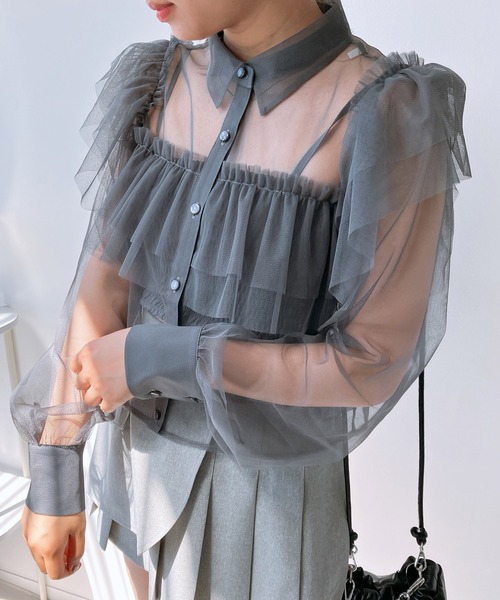 あちゃちゅむ*チュールスモッキングブラウス*グレー garment art】時間を纏う。スモッキング ブラウス ガーメントアート
