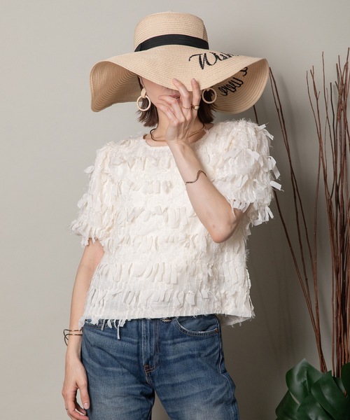 MHBG TOKYO(エムエイチビージートーキョー)の「フリンジジャガード ショートブラウス(シャツ/ブラウス・レディース・ベージュ/ブラック・FREE)」の5枚目の写真