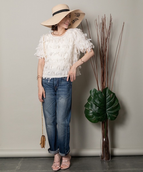 MHBG TOKYO(エムエイチビージートーキョー)の「フリンジジャガード ショートブラウス(シャツ/ブラウス・レディース・ベージュ/ブラック・FREE)」の10枚目の写真