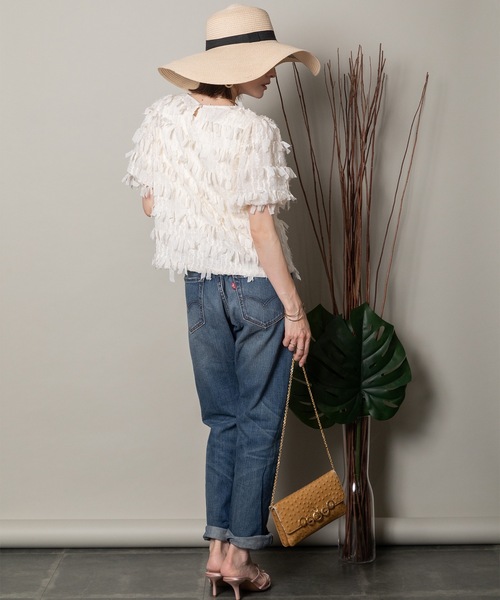 MHBG TOKYO(エムエイチビージートーキョー)の「フリンジジャガード ショートブラウス(シャツ/ブラウス・レディース・ベージュ/ブラック・FREE)」の12枚目の写真