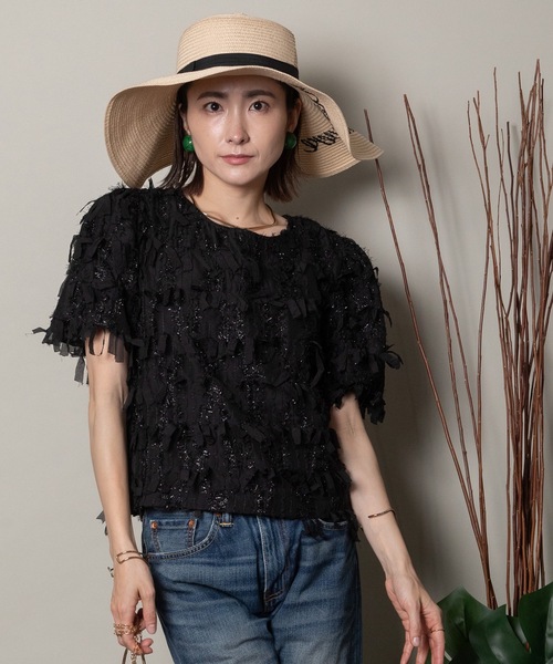 MHBG TOKYO(エムエイチビージートーキョー)の「フリンジジャガード ショートブラウス(シャツ/ブラウス・レディース・ベージュ/ブラック・FREE)」の14枚目の写真