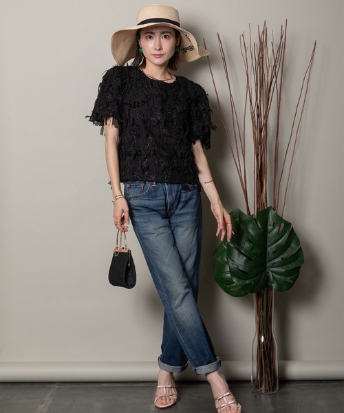 MHBG TOKYO(エムエイチビージートーキョー)の「フリンジジャガード ショートブラウス(シャツ/ブラウス・レディース・ベージュ/ブラック・FREE)」の22枚目の写真