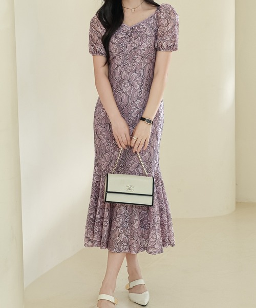 Lace Ladies（レースレディース）の「総レース Vネック マーメイド パフスリーブ ワンピース（ワンピース・レディース・パープル/アイボリー/ブラック・S/FREE）」の3枚目の写真