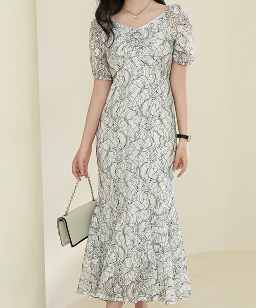 セール】総レース Vネック マーメイド パフスリーブ ワンピース