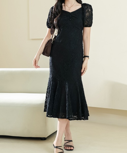 Lace Ladies（レースレディース）の「総レース Vネック マーメイド パフスリーブ ワンピース（ワンピース・レディース・パープル/アイボリー/ブラック・S/FREE）」の2枚目の写真