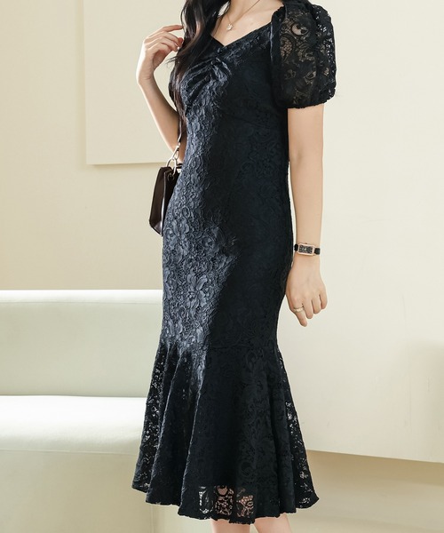 Lace Ladies（レースレディース）の「総レース Vネック マーメイド パフスリーブ ワンピース（ワンピース・レディース・パープル/アイボリー/ブラック・S/FREE）」の5枚目の写真