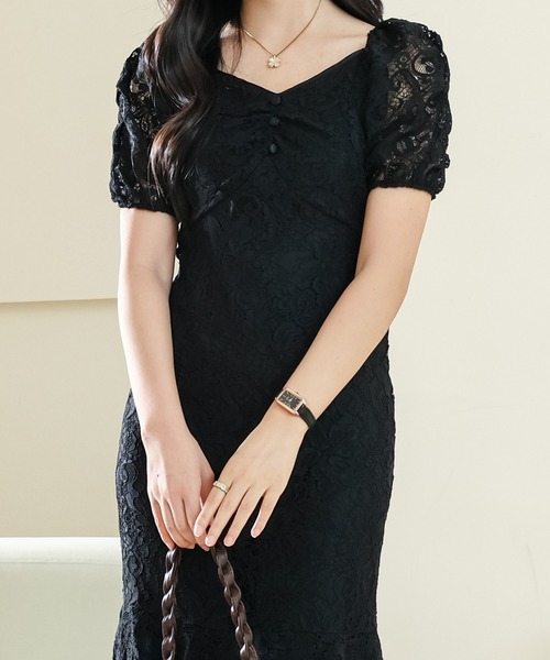 Lace Ladies（レースレディース）の「総レース Vネック マーメイド パフスリーブ ワンピース（ワンピース・レディース・パープル/アイボリー/ブラック・S/FREE）」の7枚目の写真