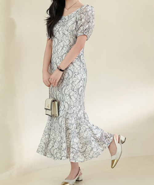Lace Ladies（レースレディース）の「総レース Vネック マーメイド パフスリーブ ワンピース（ワンピース・レディース・パープル/アイボリー/ブラック・S/FREE）」の15枚目の写真