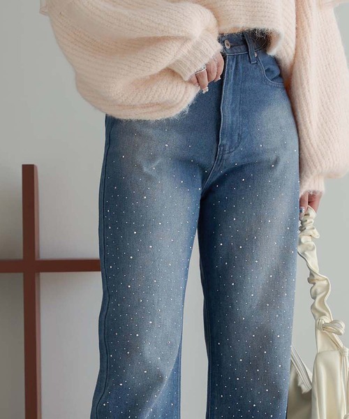 Ambre Neige（アンブルネージュ）の「rhinestone denim pants / ラインストーンデニムパンツ（デニムパンツ・レディース・ライトブルー/インディゴブルー・SMALL/MEDIUM）」の2枚目の写真
