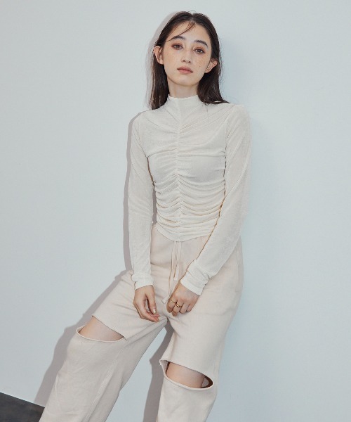 tシャツ コサージュギャザートップス「セットアップ対応」 レディース 販路限定カラーあり】【セットアップ対応】ギャザースリーブ