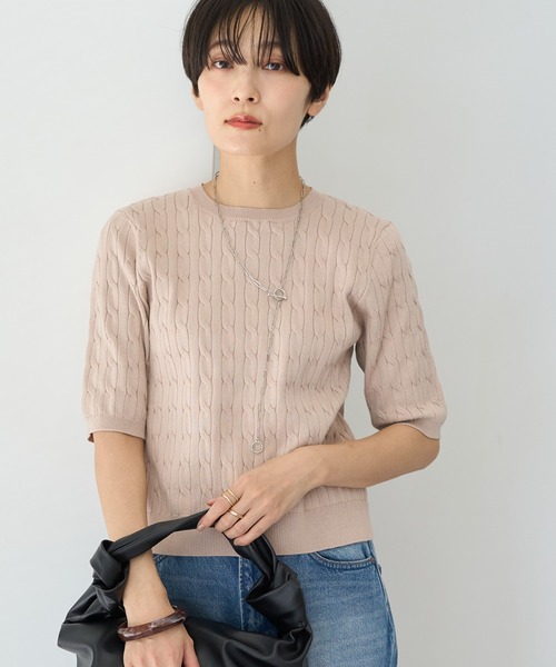AMERICAN HOLIC(アメリカンホリック)の「ケーブル5分袖ニットプルオーバー(ニット/セーター・レディース・オフホワイト/グレー系その他/ベージュ/ブルー系その他7/ブラック/レッド・M/L)」の4枚目の写真