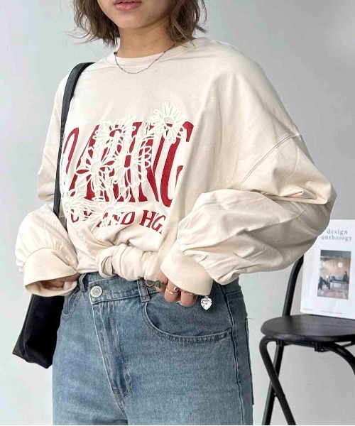 AS KNOW AS plus（アズノゥアズプラス）の「◇フラワー刺繍重ねロゴロンT（Tシャツ/カットソー・レディース・キナリ/スミクロ/オートミール/ブラウン/ブルー/アイボリー系/ベージュ系/グリーン系/ブラック系・FREE）」の7枚目の写真