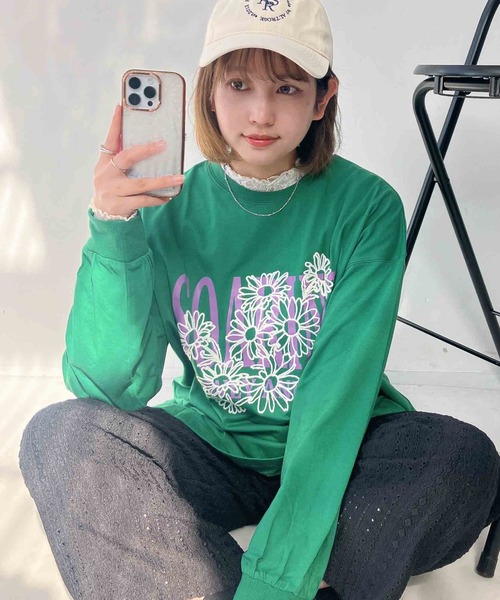 AS KNOW AS plus（アズノゥアズプラス）の「◇フラワー刺繍重ねロゴロンT（Tシャツ/カットソー・レディース・キナリ/スミクロ/オートミール/ブラウン/ブルー/アイボリー系/ベージュ系/グリーン系/ブラック系・FREE）」の8枚目の写真