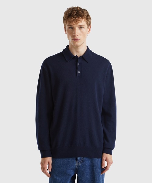 BENETTON (UNITED COLORS OF BENETTON)（ベネトンユナイテッドカラーズオブベネトン）の「ヴァージンウール100％無地長袖ニットポロシャツ（ポロシャツ・メンズ・ブラック/ネイビー/グレー・MEDIUM/SMALL）」の3枚目の写真