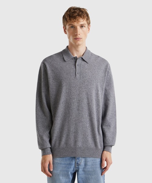 BENETTON (UNITED COLORS OF BENETTON)（ベネトンユナイテッドカラーズオブベネトン）の「ヴァージンウール100％無地長袖ニットポロシャツ（ポロシャツ・メンズ・ブラック/ネイビー/グレー・MEDIUM/SMALL）」の2枚目の写真