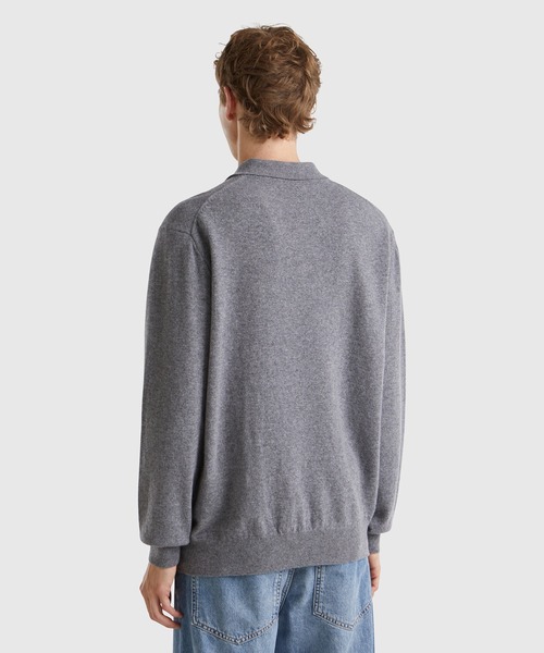 BENETTON (UNITED COLORS OF BENETTON)（ベネトンユナイテッドカラーズオブベネトン）の「ヴァージンウール100％無地長袖ニットポロシャツ（ポロシャツ・メンズ・ブラック/ネイビー/グレー・MEDIUM/SMALL）」の9枚目の写真