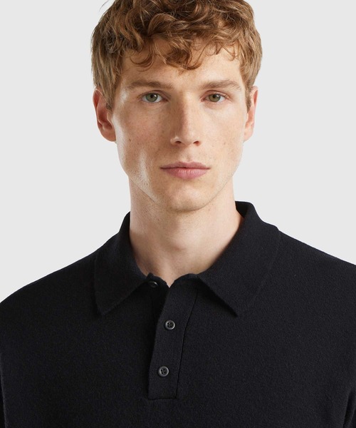 BENETTON (UNITED COLORS OF BENETTON)（ベネトンユナイテッドカラーズオブベネトン）の「ヴァージンウール100％無地長袖ニットポロシャツ（ポロシャツ・メンズ・ブラック/ネイビー/グレー・MEDIUM/SMALL）」の8枚目の写真