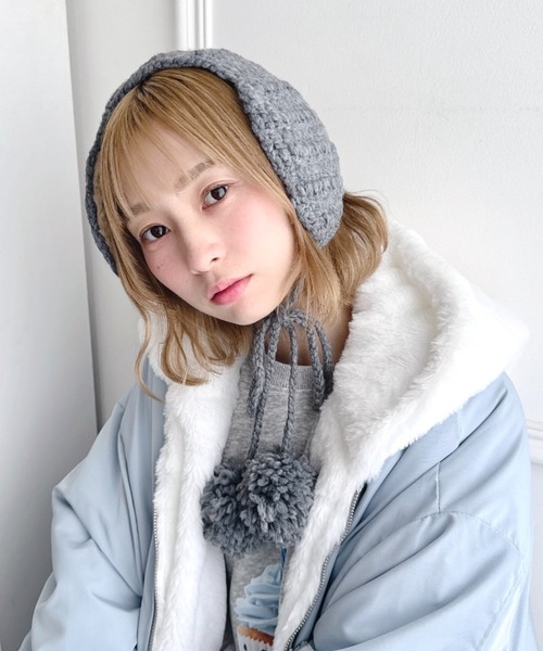 セール】【5色展開】ポンポンリボンニットイヤーマフ（イヤーマフ