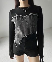 【 2color 】ダメージデニムビスチェドッキングTシャツ / damage denim bustier docking Tee