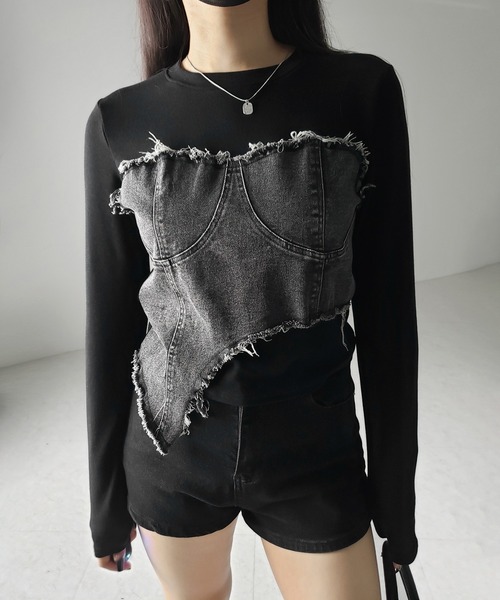 me+em select(ミームセレクト)の「【 2color 】ダメージデニムビスチェドッキングTシャツ / damage denim bustier docking Tee(Tシャツ/カットソー・レディース・ホワイト/ブラック・FREE)」の2枚目の写真
