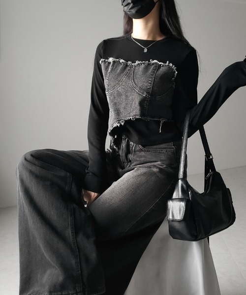 me+em select(ミームセレクト)の「【 2color 】ダメージデニムビスチェドッキングTシャツ / damage denim bustier docking Tee(Tシャツ/カットソー・レディース・ホワイト/ブラック・FREE)」の10枚目の写真